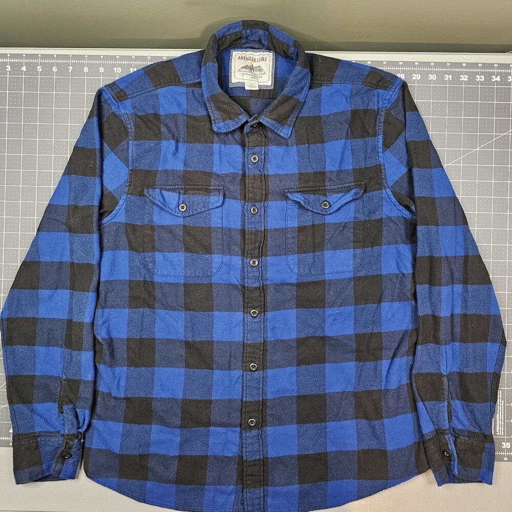 American Eagle Flannel Shirt Large Blue Black Buffalo Plaid Workwear Outdoors